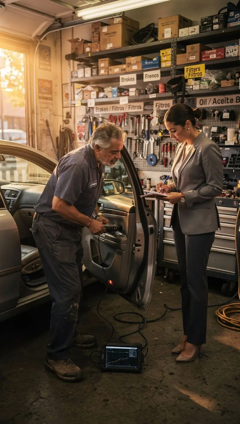Customer service representative booking a car repair appointment with a Spanish-speaking client over the phone.